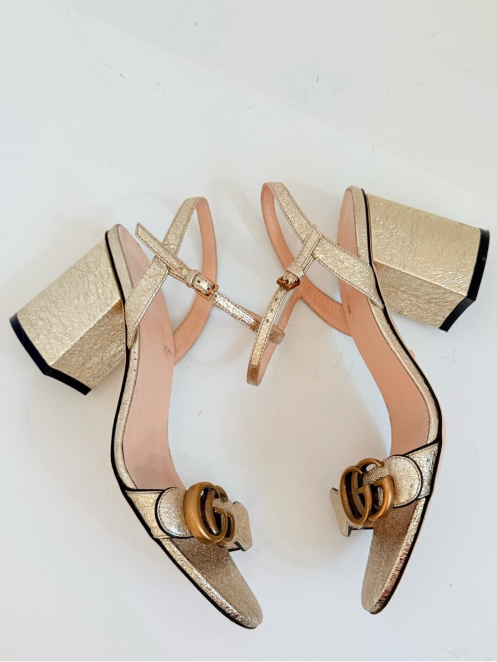 Gucci Metallic Gold Laminate leather GG Marmont Mid heel sandals EU 37.5 US 7.5 - Picture 5 of 10